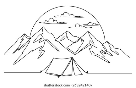 Linha única contínua desenho barraca acampando em viagens ao ar livre. Turismo de natureza, viagem, aventura. Conceito de elemento de tenda. Camping equipamentos de tenda de viagem. Traçado editável