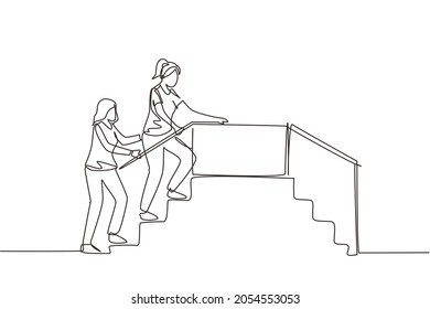 Single continuous line drawing therapist working with female patient climbing the stairs, medical rehabilitation, physical therapy activity. Dynamic one line draw graphic design vector illustration