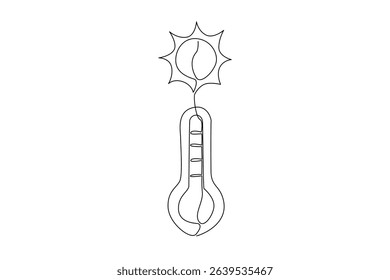 Single continuous line drawing thermometer with red pointer and sun above. Very red temperature. Symbol of heat storm hits. Very hot. National Heat Awareness Day. One line design vector illustration