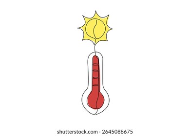 Termômetro de desenho de linha única contínua com ponteiro vermelho e sol acima. Temperatura muito vermelha. Símbolo de tempestades de calor. Muito quente. Dia Nacional de Sensibilização para o Calor. Ilustração de vetor de design de uma linha