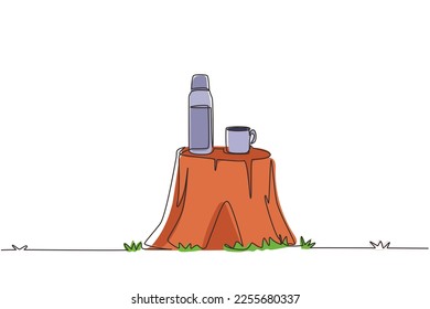 Single continuous line drawing thermos mug with hot drink on log table. Steam comes from the mug. Vacuum thermos stands on tree stump in the wild. One line draw graphic design vector illustration