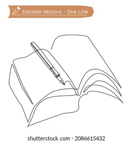 Single continuous line drawing of thick book and pen on the study desk. Old antique writing equipment concept. Modern one line draw design vector graphic illustration for logos, icons and symbols.