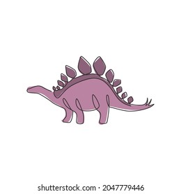 Single continuous line drawing of thorny tail stegosaurus for logo identity. Prehistoric animal mascot concept for dinosaurs theme amusement park icon. One line draw design graphic vector illustration