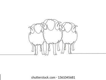 Single continuous line drawing of three sheeps lining up. Muslim holiday the sacrifice an animal to God, Eid al Adha greeting card concept one line draw design illustration