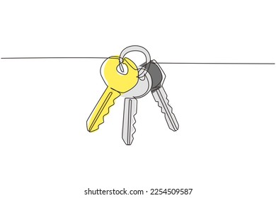 Single continuous line drawing three keys from apartment. House apartment rental for sale. The concept of privacy, security and protection. Dynamic one line draw graphic design vector illustration
