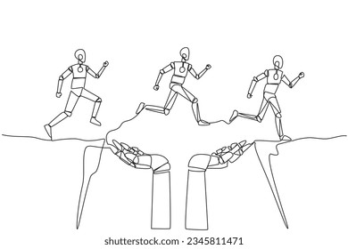 Single continuous line drawing three robots running through a cliff that has hole in the middle but is supported by large robot hand. Do teamwork towards better direction. One line vector illustration