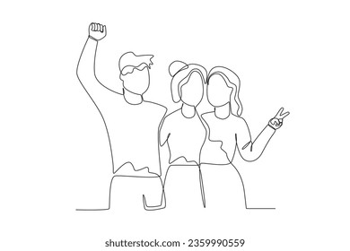 Single continuous line drawing of three friends consisting of two women and one man
