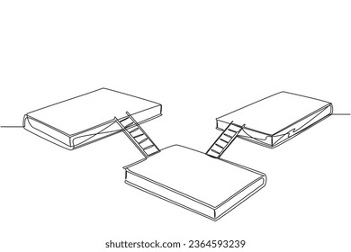 Single continuous line drawing three large books connected by stairs. Expo exhibition stage. Booth for exhibiting books. Book festival at outer space. Galaxy stage. One line design vector illustration