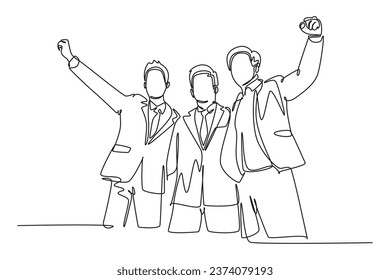 Single continuous line drawing three young happy businessmen celebrating their successive target at the business meeting with high five gesture. Business deal. One line draw design vector illustration