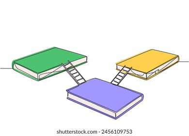 Single continuous line drawing three large books connected by stairs. Expo exhibition stage. Booth for exhibiting books. Book festival at outer space. Galaxy stage. One line design vector illustration