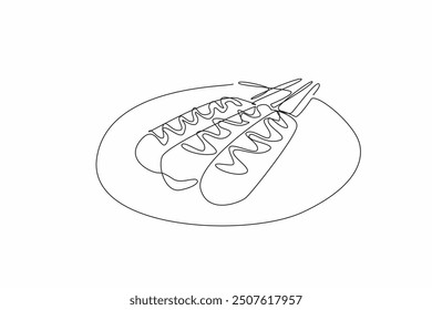 Single continuous line drawing three corn dogs are placed on a round plate. Serve while warm. Additional sauce adds to the deliciousness. Snacks to delay hunger. One line design vector illustration