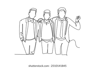 Um único desenho de linha contínua de três jovens funcionários do sexo masculino em pé e abraçando um ao outro enquanto se reúnem no escritório. Amizade empresarial. Ilustração de vetor de design gráfico com desenho de uma linha