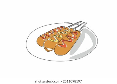 Single continuous line drawing three corn dogs are placed on a round plate. Serve while warm. Additional sauce adds to the deliciousness. Snacks to delay hunger. One line design vector illustration