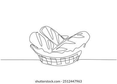 Uma única linha contínua desenhando três pedaços de pão francês em cesta de vime forrada com pano. Agradável apresentação de exibição de baguete. Dia Nacional do Pão Francês. Ilustração de vetor de design de uma linha