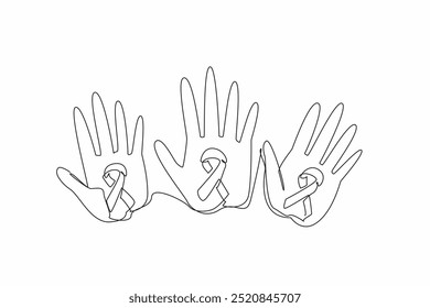 Single continuous line drawing three palms with campaign colors. The diverse perspectives. Experiences. Survivorship. Awareness. Support. Life. Rare Disease Day. One line design vector illustration