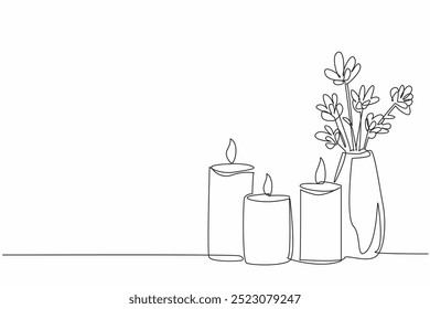 Single continuous line drawing three lit candles and a vase filled with flowers. A moment of relaxation and contemplation. Peace. Reflection. World Candle Day. One line design vector illustration