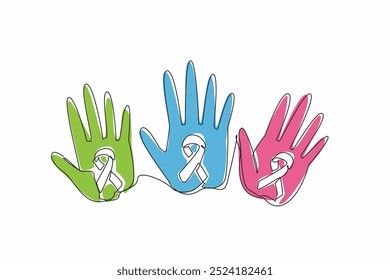 Single continuous line drawing three palms with campaign colors. The diverse perspectives. Experiences. Survivorship. Awareness. Support. Life. Rare Disease Day. One line design vector illustration