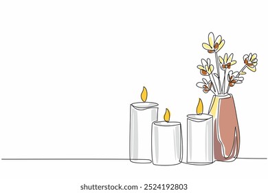 Single continuous line drawing three lit candles and a vase filled with flowers. A moment of relaxation and contemplation. Peace. Reflection. World Candle Day. One line design vector illustration