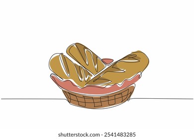 Single continuous line drawing three pieces of french bread in wicker basket lined with cloth. Pleasing presentation of baguette display. National French Bread Day. One line design vector illustration