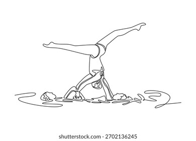 Single continuous line drawing three women are performing a synchronized partner lift in water, with one balanced inverted above others in split pose. One line draw graphic design vector illustration