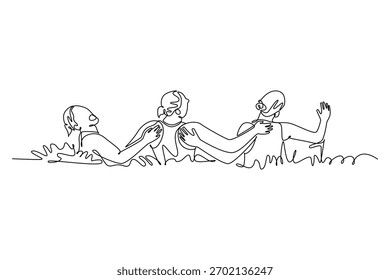 Uma única linha contínua desenhando três mulheres realizando uma sincronizada, entrelaçamento para trás layout sculling posição na água. Graça, precisão, trabalho em equipe. Ilustração de vetor de design gráfico com desenho de uma linha