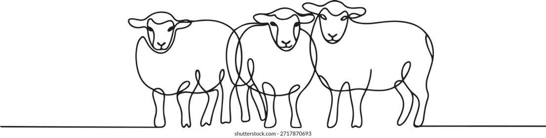 Dibujo de una sola línea continua de tres ovejas alineadas. Fiesta musulmana: el sacrificio de un animal a Dios, concepto de tarjeta de felicitación Eid al Adha. dibujo de un icono de línea
