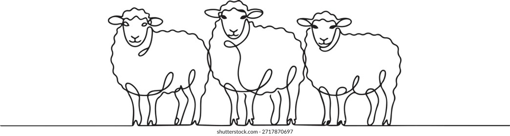 Dibujo de una sola línea continua de tres ovejas alineadas. Fiesta musulmana: el sacrificio de un animal a Dios, concepto de tarjeta de felicitación Eid al Adha. dibujo de un icono de línea
