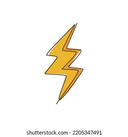 Single Continuous Line Drawing Of Thunder Light Bolt Logo Label. Energy Power Up Lightening Icon Label Concept. Modern One Line Draw Graphic Design Vector Illustration