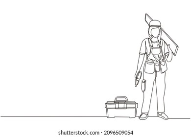 Single continuous line drawing timber frame house construction worker. Repairwoman standing with board, tool box, and drill. Building, construction, repair work services. One line draw design vector