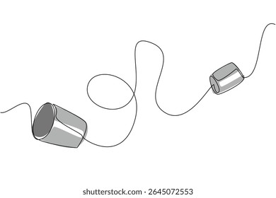 Uma única linha contínua desenho lata telefone. Tecnologia da velha escola. Bate-papo de 2 vias de lata e corda. Comunicação simples. Sem eletricidade. Dia de Loomis. Ilustração de vetor de design de uma linha