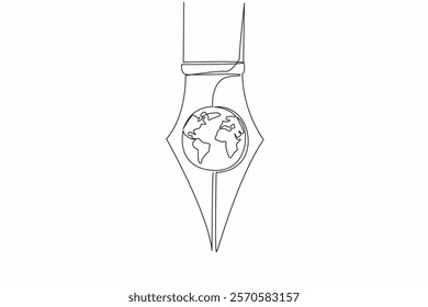 Single continuous line drawing the tip of the pen has a globe in the middle. Metaphor. Writing news to be known all over the world. Media. World Press Freedom Day. One line design vector illustration