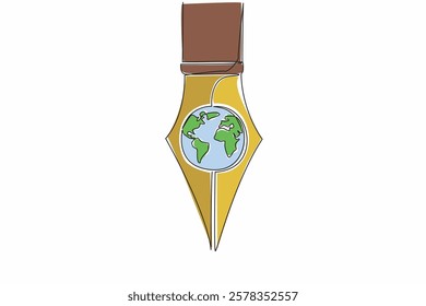 Single continuous line drawing the tip of the pen has a globe in the middle. Metaphor. Writing news to be known all over the world. Media. World Press Freedom Day. One line design vector illustration