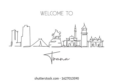 Single continuous line drawing of Tirana city skyline, Albania. Famous city scraper landscape. World travel concept wall decor home art poster print. Modern one line draw design vector illustration