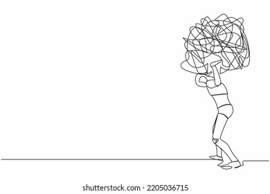 Single Continuous Line Drawing Tired Robot Carrying Heavy Messy Line On His Back. Anxiety From Work, Overload, Economic Crisis Problem. Technology Development. One Line Draw Design Vector Illustration