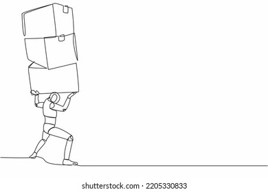 Single continuous line drawing of tired robot carrying heavy pile of box on his back. Overworked cyborg with stack of cardboard. Humanoid robot cybernetic organism. One line design vector illustration