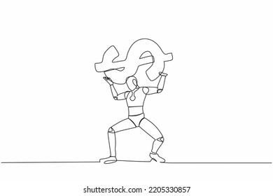 Single continuous line drawing tired robot carrying heavy dollar symbol on his back. Overworked robot in economic crisis, debt pressure. Cyborg development. One line graphic design vector illustration