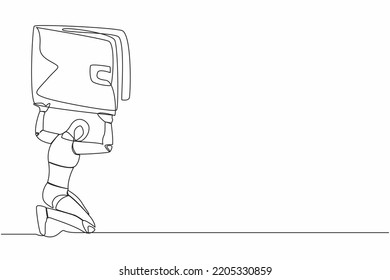 Single continuous line drawing tired robot carrying heavy wallet on his back. Financial economic crisis at tech industry. Artificial intelligence machine learning. One line design vector illustration