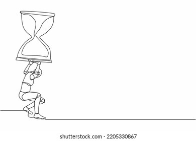 Single continuous line drawing of tired robot carrying heavy hourglass on his back. Robot with deadline problem operation. Robotic artificial intelligence. One line graphic design vector illustration