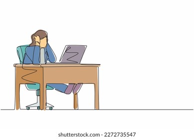 Single continuous line drawing tired office worker woman character. Girl work at laptop feeling bad. Hold her head. Headache sick, exhausted, stressed, depression. One line draw graphic design vector