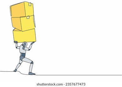 Single continuous line drawing of tired robot carrying heavy pile of box on his back. Overworked cyborg with stack of cardboard. Humanoid robot cybernetic organism. One line design vector illustration