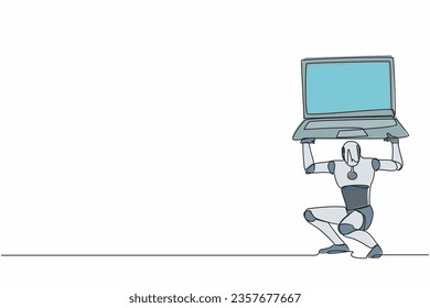 Single continuous line drawing of tired robot carrying heavy laptop computer on his back. Fatigue or burnout work at tech industry. Robotic artificial intelligence. One line design vector illustration