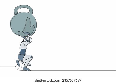 Single continuous line drawing tired robot carrying heavy kettlebell on his back. Financial crisis and credit payment. Technology artificial intelligence. One line graphic design vector illustration