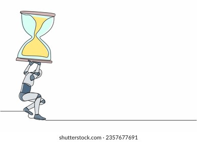 Un solo dibujo de línea continua de robot cansado que lleva pesados cristales de arena en la espalda. Robot con la operación del problema de fecha límite. Inteligencia artificial robótica. Ilustración vectorial de diseño gráfico de una línea