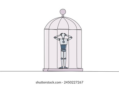 Una sola línea continua dibujando robot cansado atrapado en la jaula de pie frustrado sosteniendo la cabeza. La ansiedad causada no puede moverse libremente. Confinado. Encarcelado. Tecnología de IA. Ilustración vectorial de diseño de una línea
