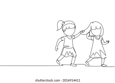 Single Continuous Line Drawing Toddler Kids Girls Fighting With One Pulling Hair Of The Other. She Look Of Shock And Pain. Problem Of Physical Bullying At School. One Line Draw Graphic Design Vector