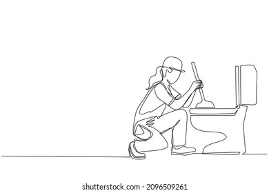 Single continuous line drawing toilet cleaning, plumbing service. Plumbing toilet leakage or clogging. Plumber repairwoman. Sewage system. Toilet bowl and sewer. One line draw graphic design vector