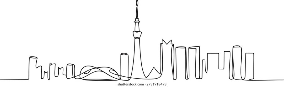 Einzeilige durchgehende Zeichnung der Skyline von Tokio, Japan. Berühmter Schaber und Landschaft. World travel concept home wall decor poster print art. one line Symbolzeichnung
