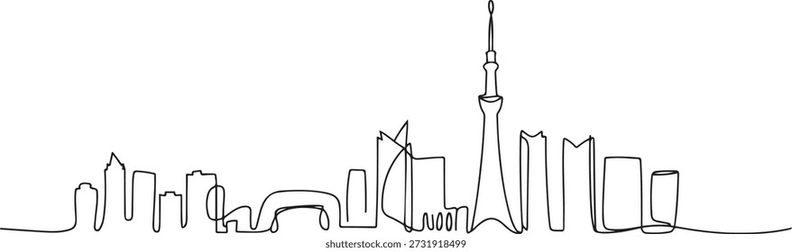 Desenho de linha contínua única do horizonte da cidade de Tóquio, Japão. Famosa cidade raspador e paisagem. World travel conceito casa parede decoração cartaz impressão arte. uma linha Ícone desenho

