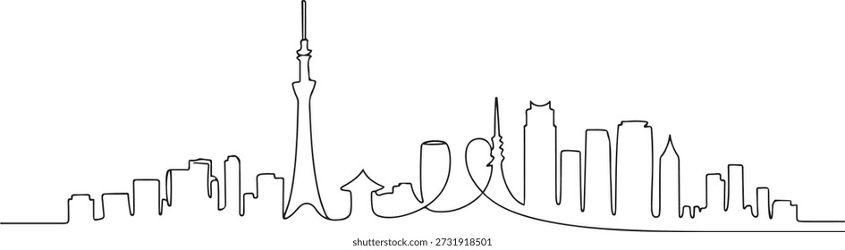 Desenho de linha contínua única do horizonte da cidade de Tóquio, Japão. Famosa cidade raspador e paisagem. World travel conceito casa parede decoração cartaz impressão arte. uma linha Ícone desenho
