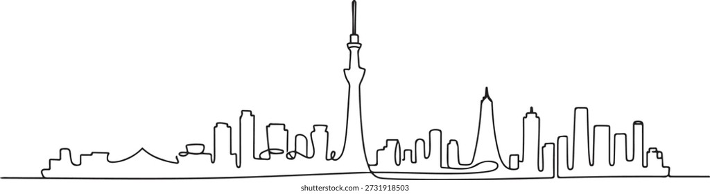 Desenho de linha contínua única do horizonte da cidade de Tóquio, Japão. Famosa cidade raspador e paisagem. World travel conceito casa parede decoração cartaz impressão arte. uma linha Ícone desenho
